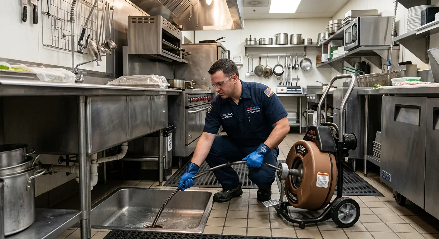 Commercial drain cleaning service in a restaurant kitchen in Fort Riley