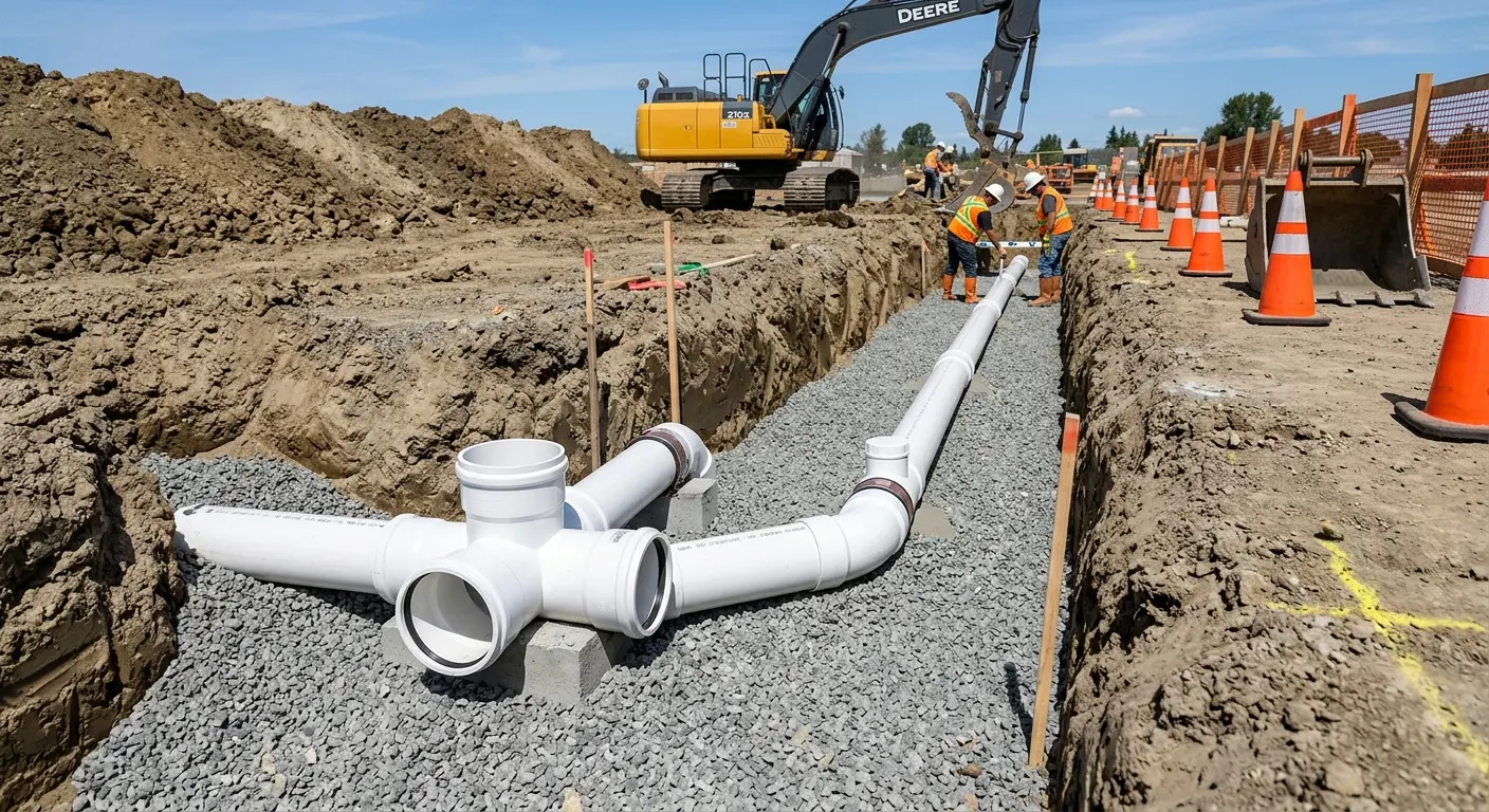 New PVC sewer pipe installation in open trench for Grease Trap Cleaning in Fort Riley