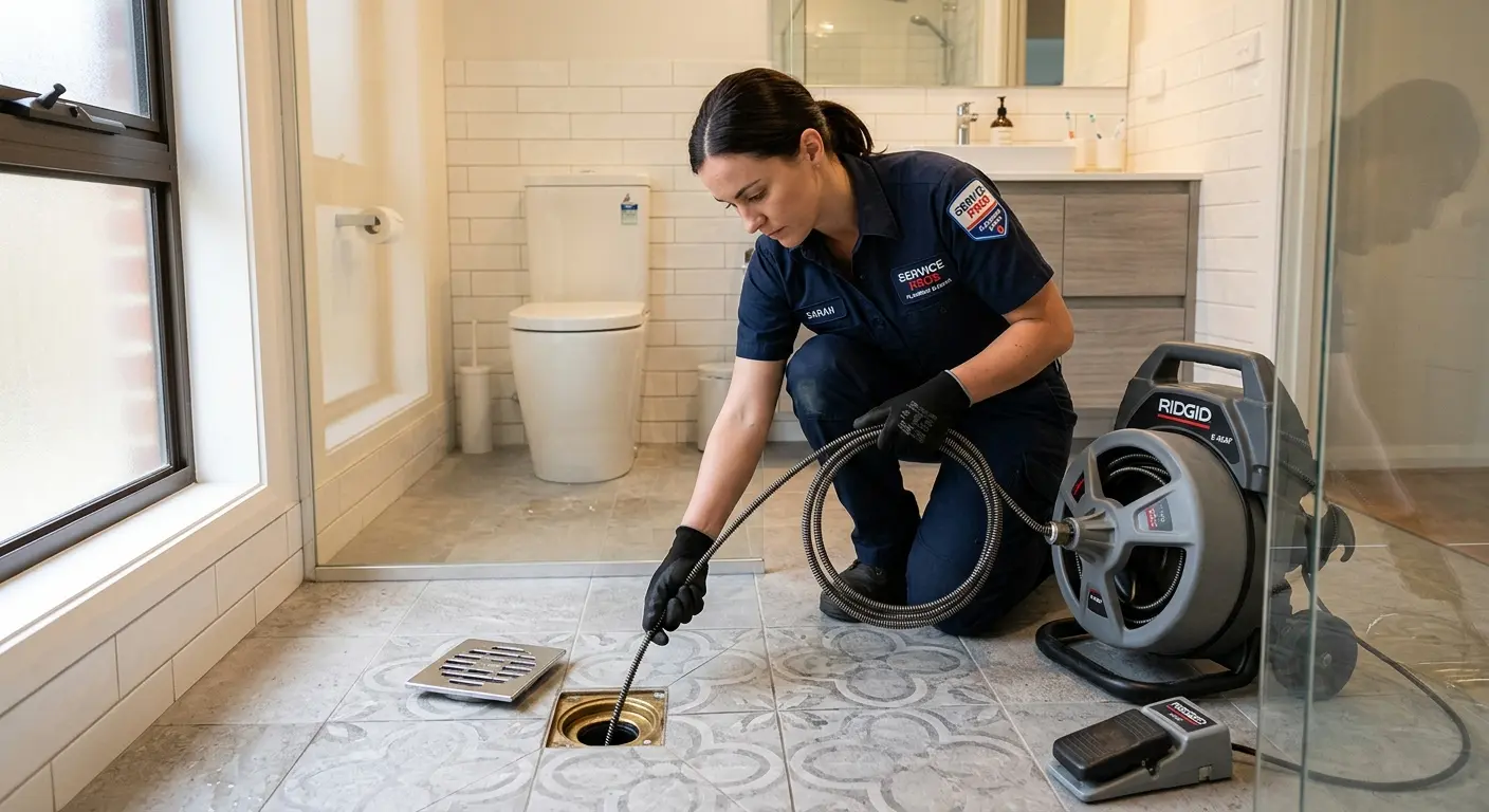 Technician clearing a bathroom floor drain for Sewer Line Installation in Fort Riley